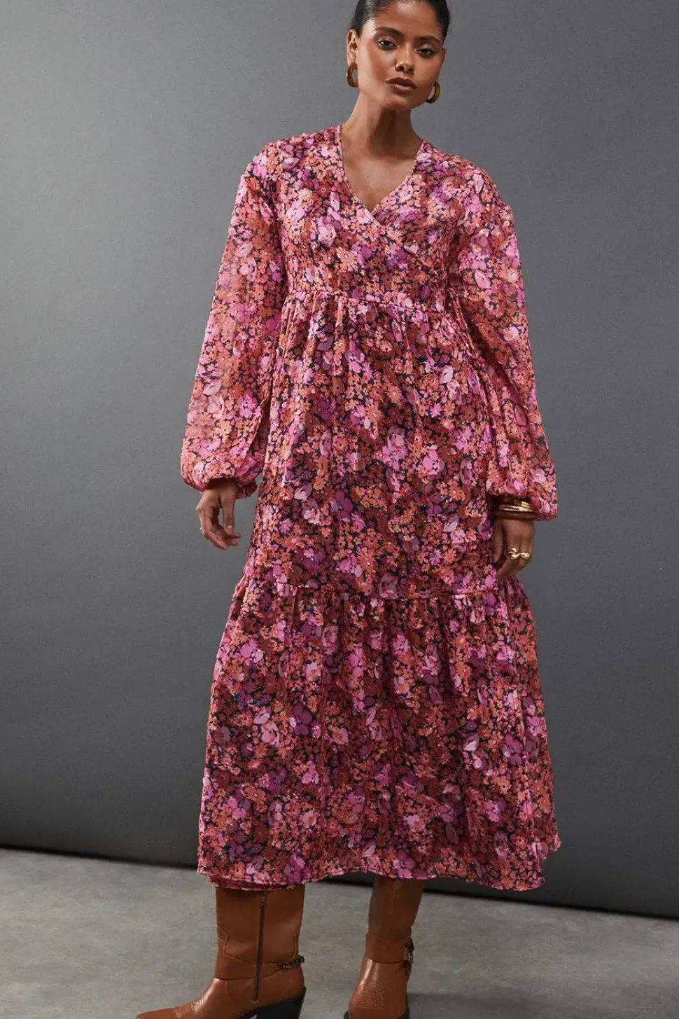 Floral Burnout Chiffon Wrap Smock Midi Dress