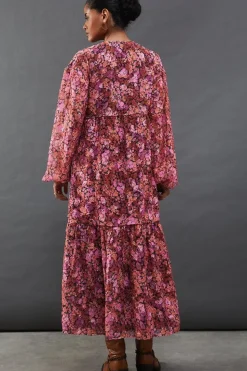 Floral Burnout Chiffon Wrap Smock Midi Dress