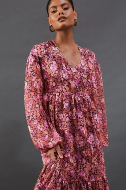 Floral Burnout Chiffon Wrap Smock Midi Dress