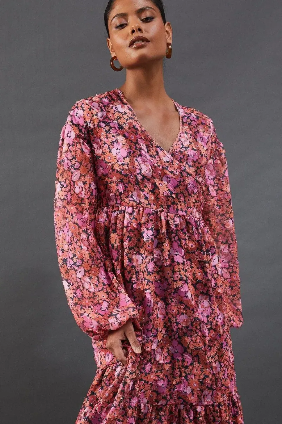 Floral Burnout Chiffon Wrap Smock Midi Dress