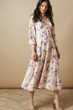 Floral Button Long Sleeve Midi Dress