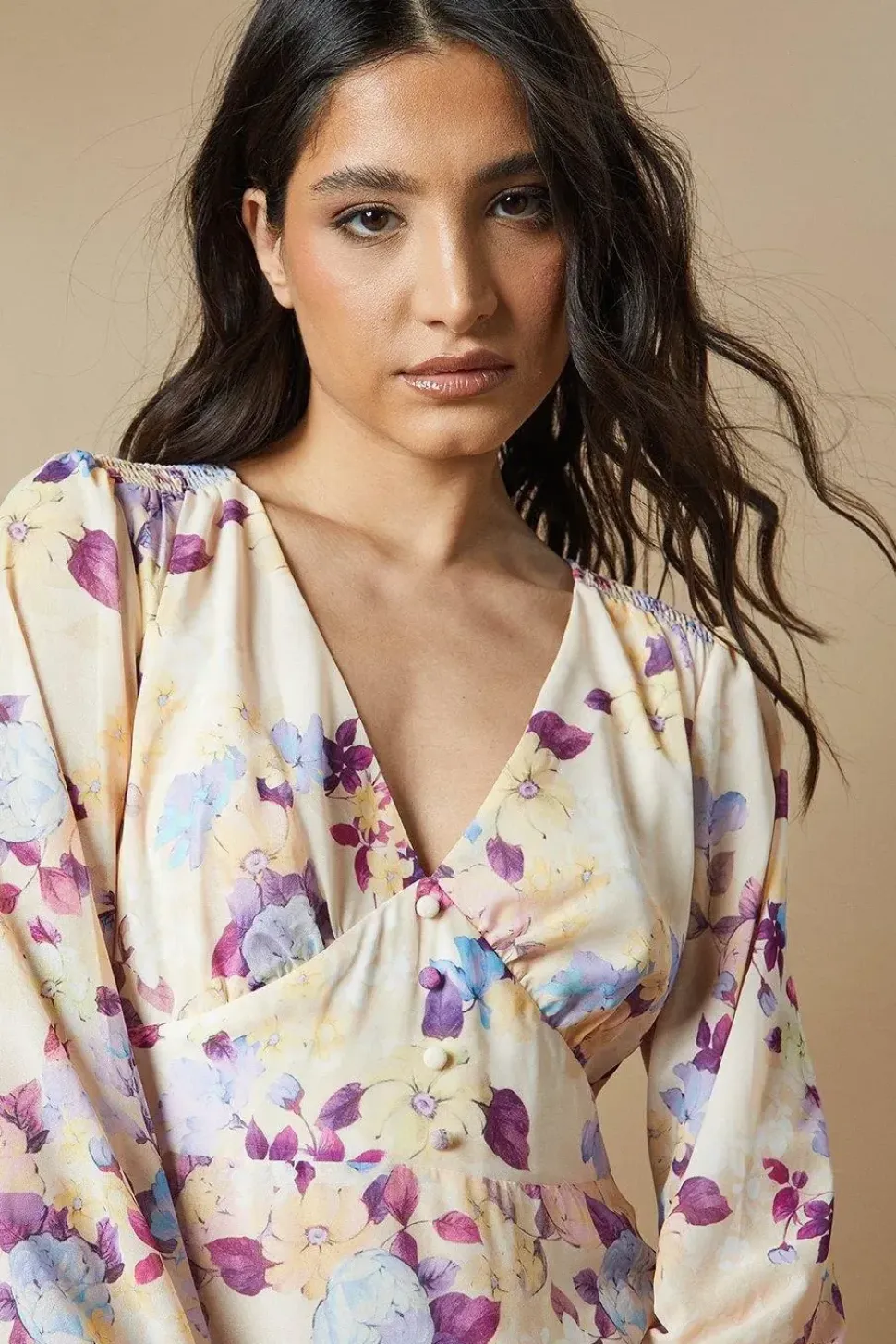 Floral Button Long Sleeve Midi Dress