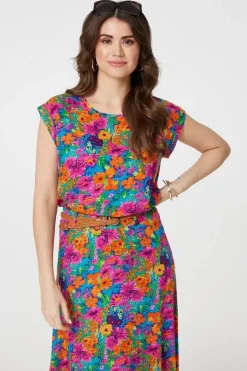 Floral Cap Sleeve Round Neck T-Shirt