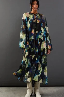 Floral Chiffon Button Tier Smock Midi Dress