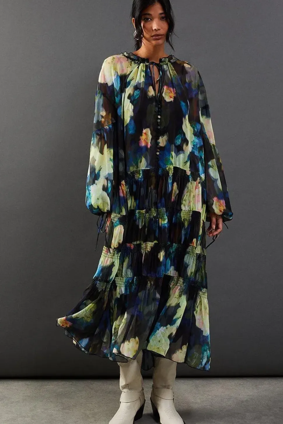 Floral Chiffon Button Tier Smock Midi Dress