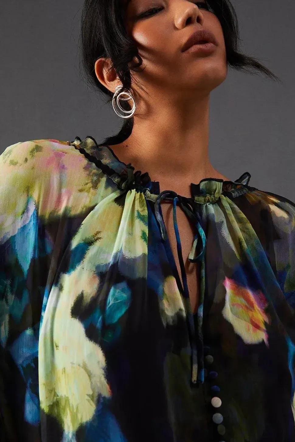 Floral Chiffon Button Tier Smock Midi Dress