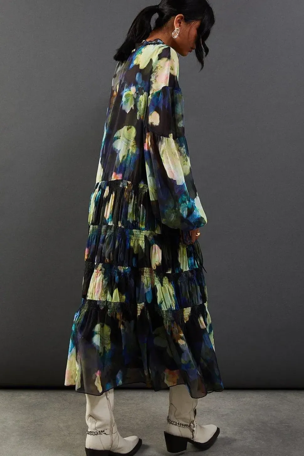 Floral Chiffon Button Tier Smock Midi Dress