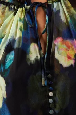 Floral Chiffon Button Tier Smock Midi Dress