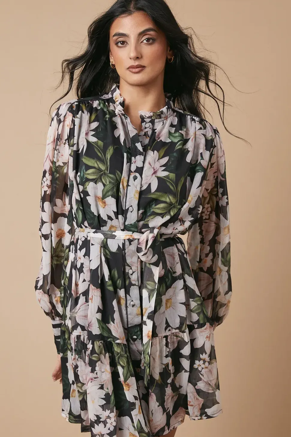 Floral Chiffon Contrast Detail Belted Mini Dress