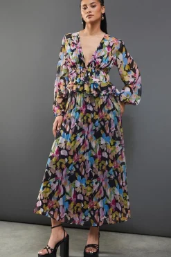 Floral Chiffon Frill Waist Pleated Midaxi Dress