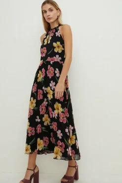 Floral Chiffon Halter Neck Pleated Maxi Dress