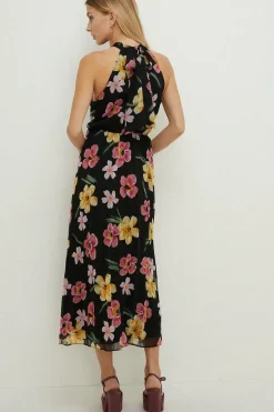 Floral Chiffon Halter Neck Pleated Maxi Dress