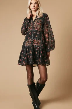 Floral Chiffon Hand Embellished Trim Mini Dress