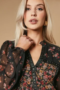 Floral Chiffon Hand Embellished Trim Mini Dress