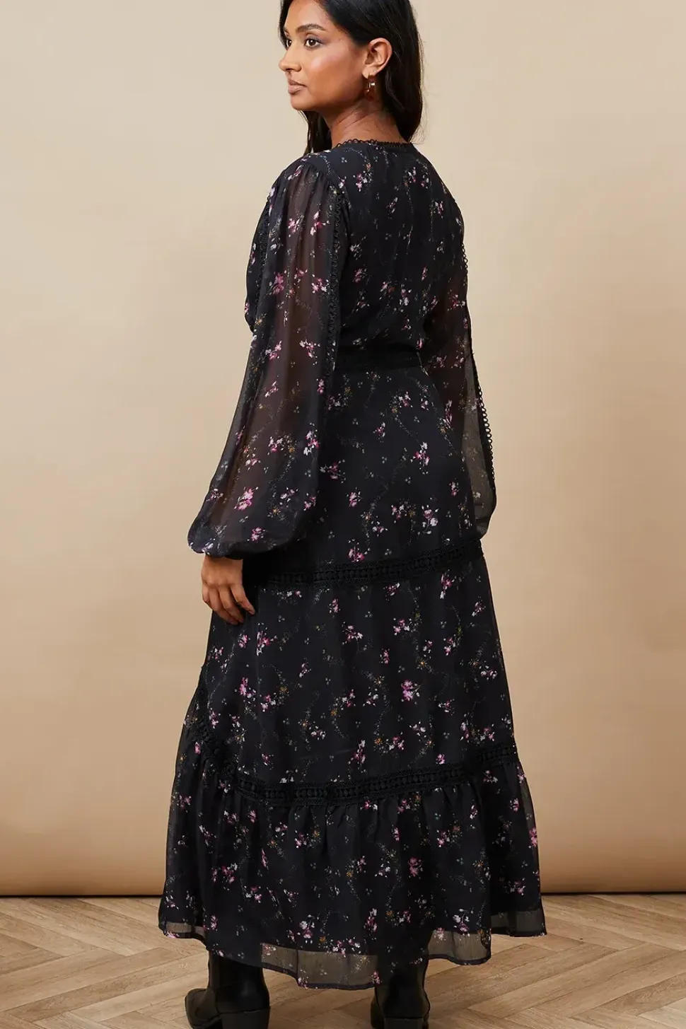 Floral Chiffon Lace Insert Midi Tea Dress