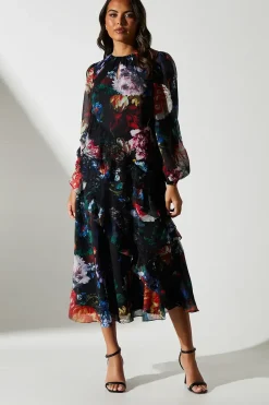 Floral Chiffon Long Sleeve Maxi Dress