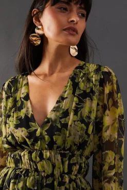 Floral Chiffon Plunge Neck Balloon Sleeve Maxi Dress