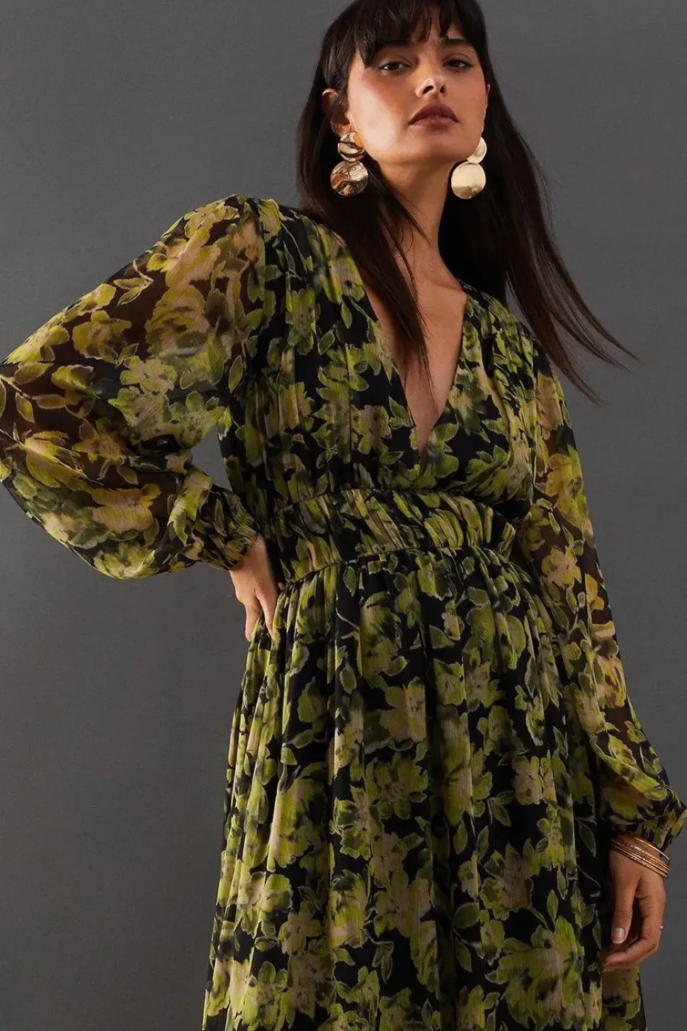 Floral Chiffon Plunge Neck Balloon Sleeve Maxi Dress