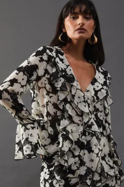 Floral Chiffon Ruffle Front Blouse