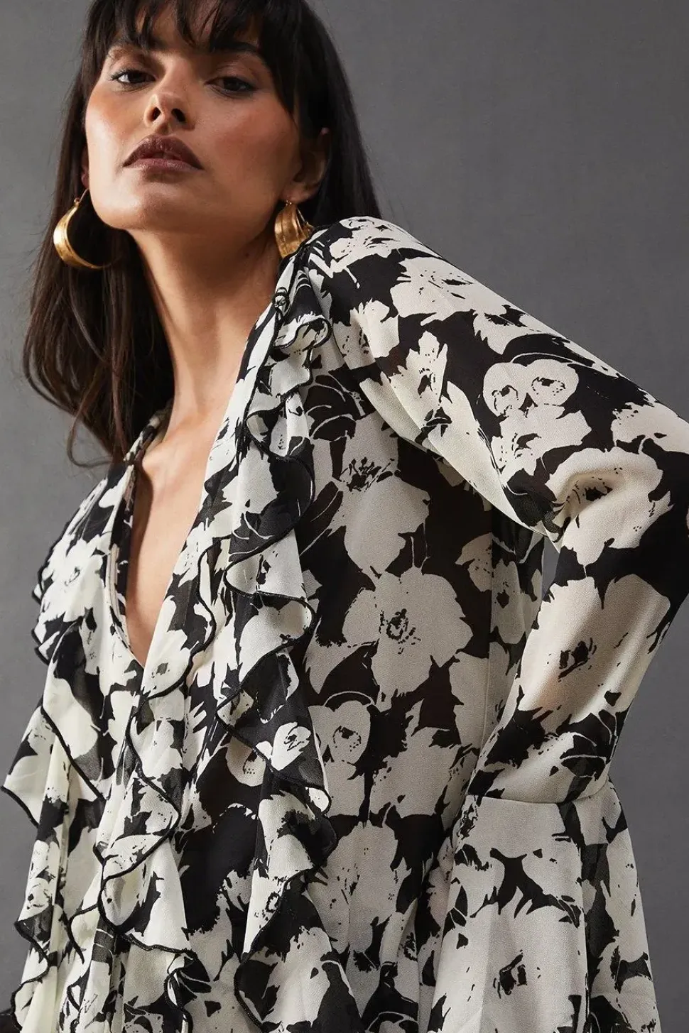 Floral Chiffon Ruffle Front Blouse
