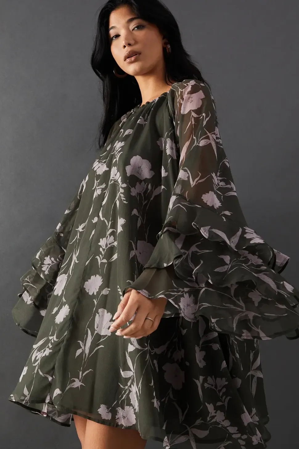 Floral Chiffon Ruffle Volume Sleeve Mini Smock Dress