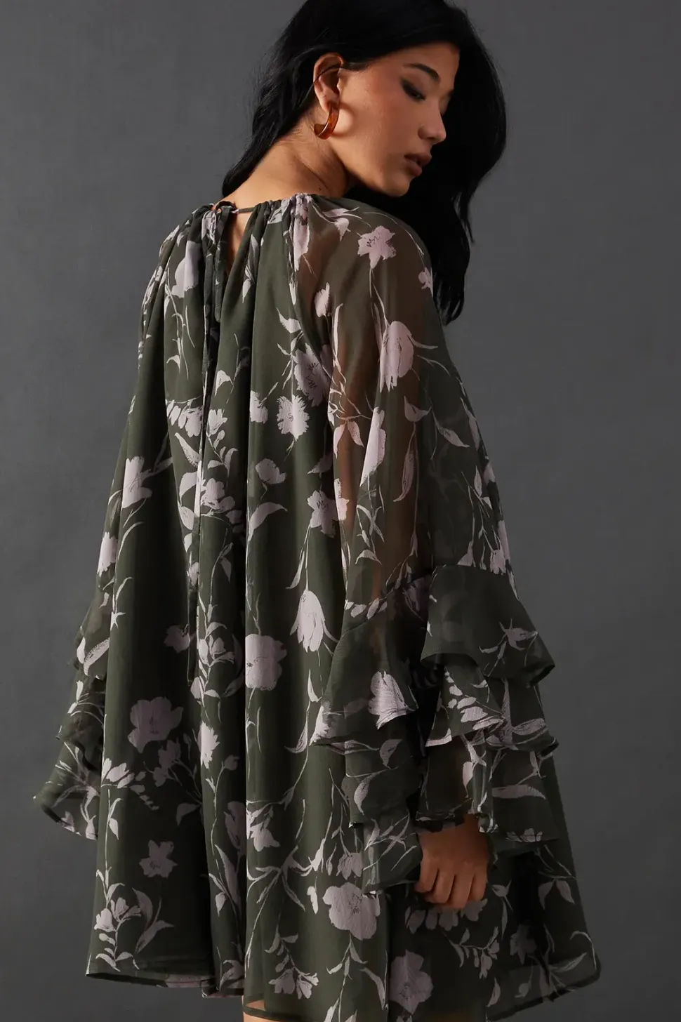 Floral Chiffon Ruffle Volume Sleeve Mini Smock Dress
