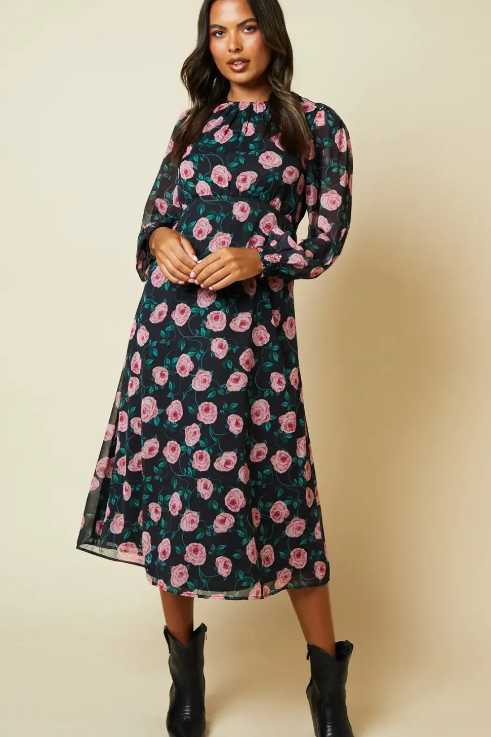Floral Chiffon Shirred Cuff Midi Dress