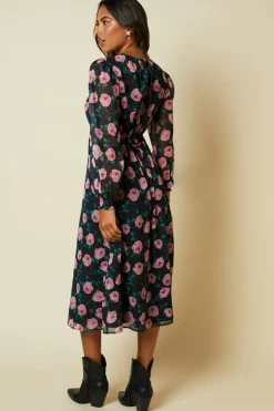 Floral Chiffon Shirred Cuff Midi Dress