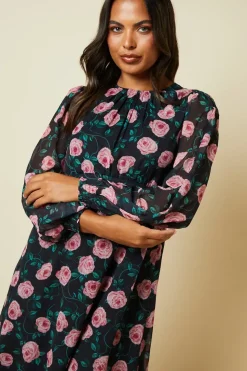 Floral Chiffon Shirred Cuff Midi Dress