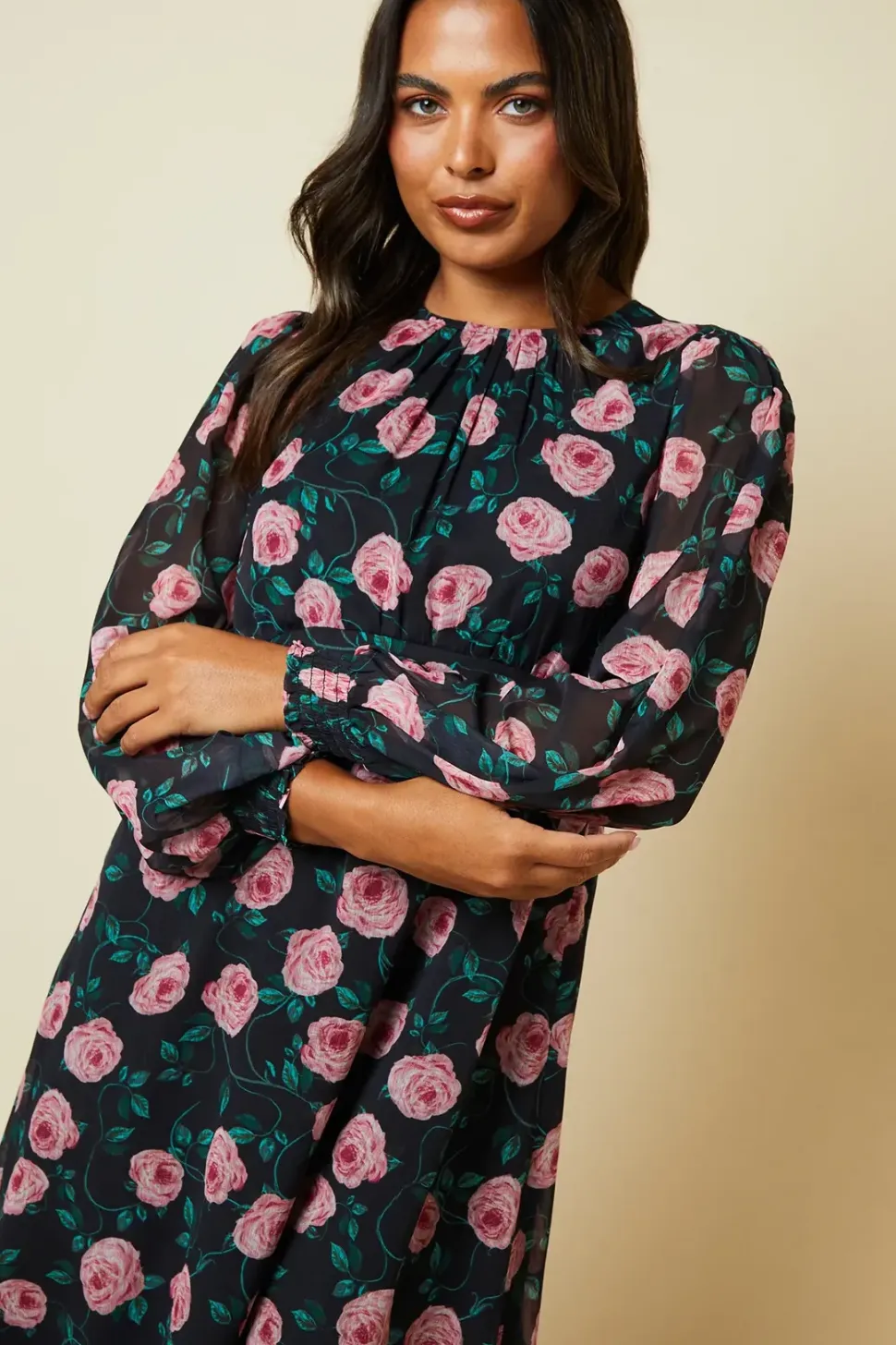 Floral Chiffon Shirred Cuff Midi Dress