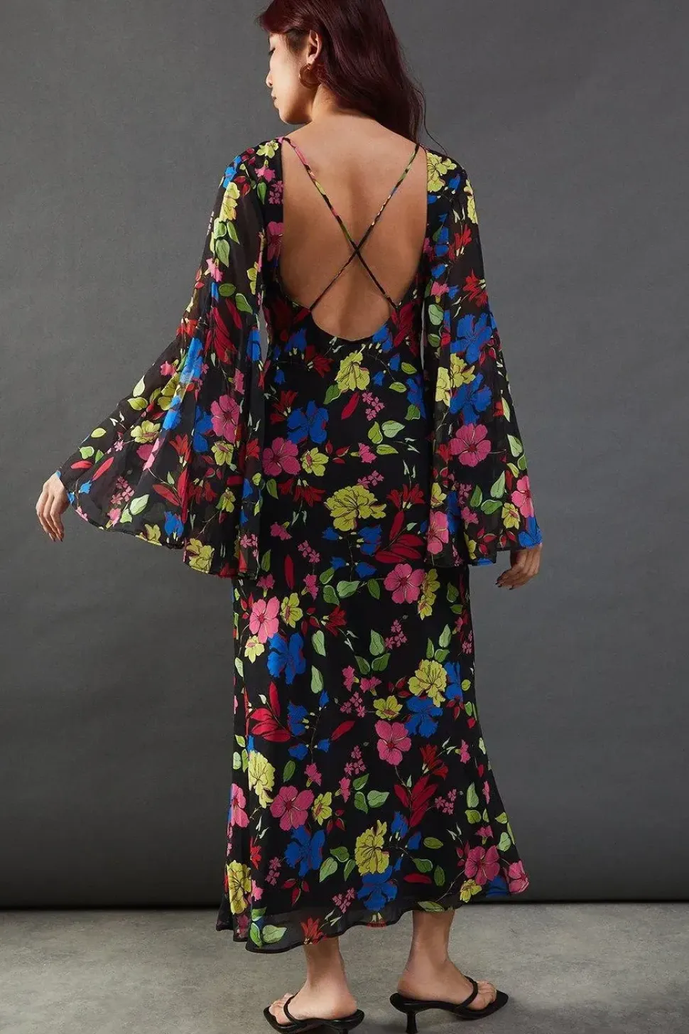 Floral Chiffon Slash Neck Cross Back Godet Sleeve Midi Dress