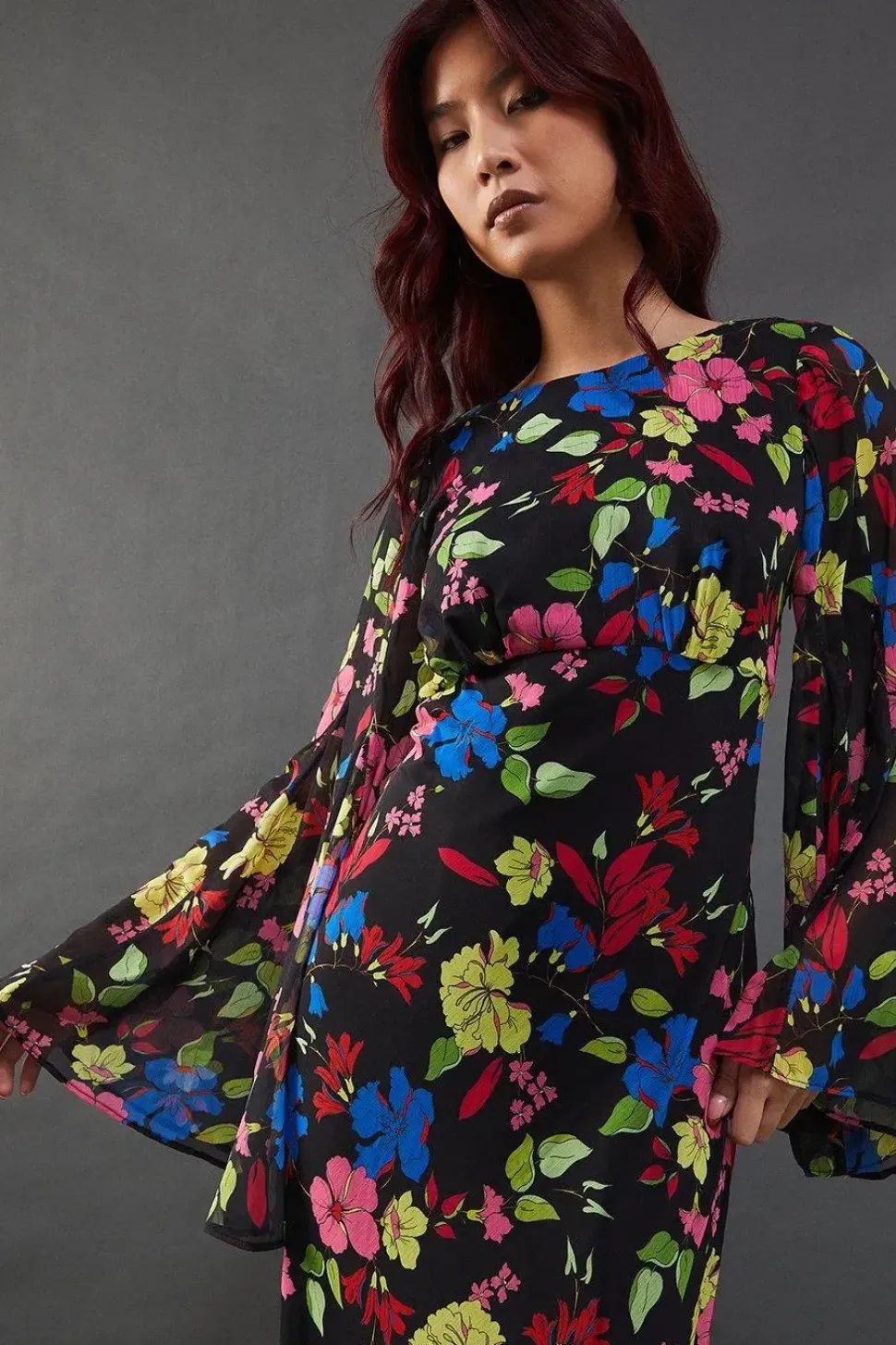 Floral Chiffon Slash Neck Cross Back Godet Sleeve Midi Dress