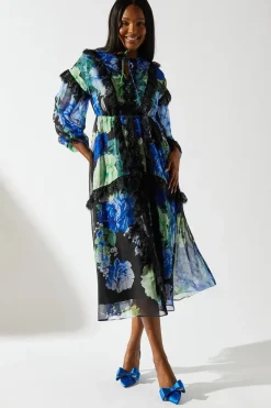 Floral Chiffon Tie Neck Lace Trim Dress