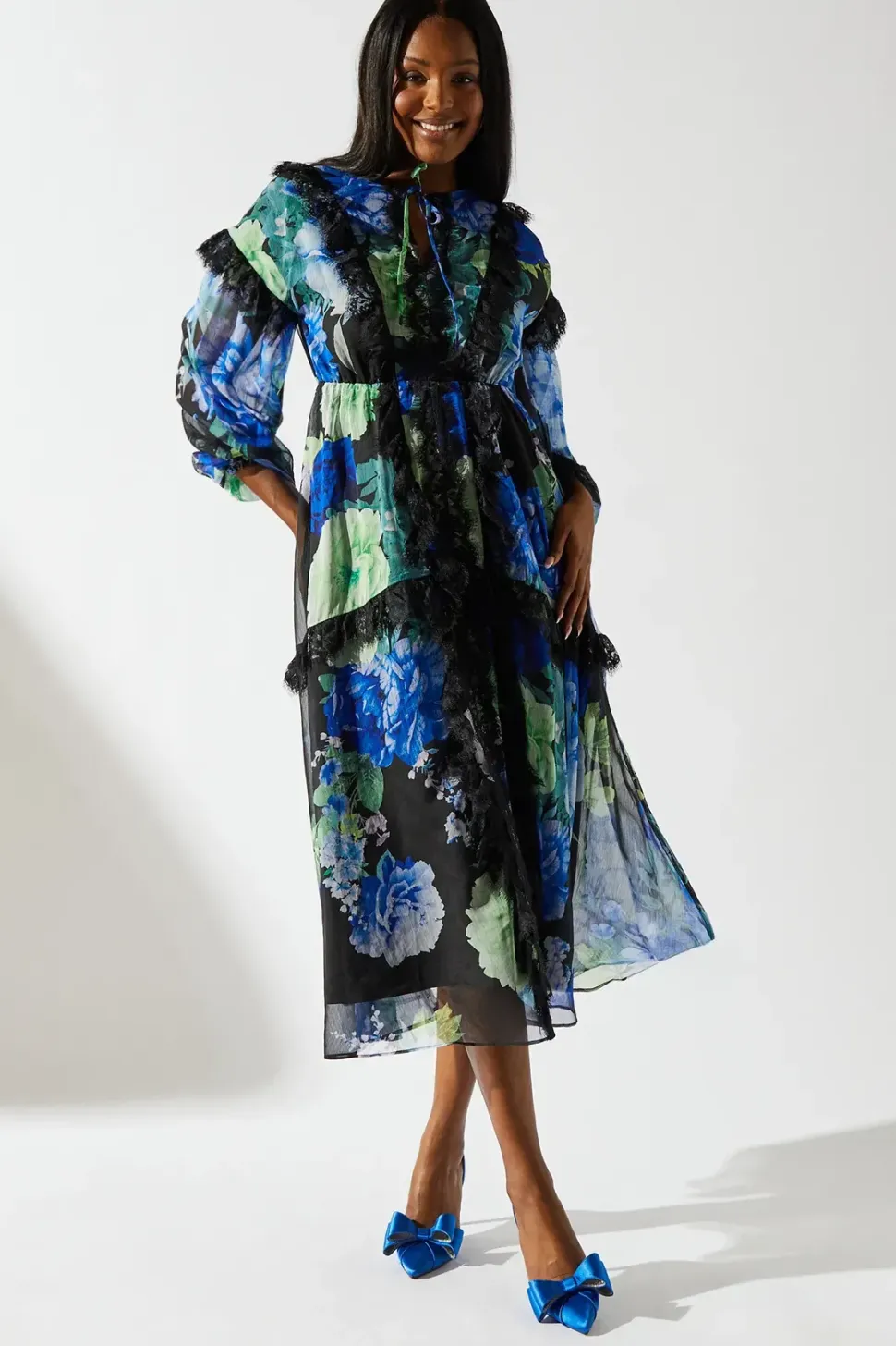 Floral Chiffon Tie Neck Lace Trim Dress