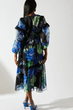 Floral Chiffon Tie Neck Lace Trim Dress