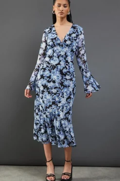 Floral Chiffon V Neck Flute Sleeve Midi Dress