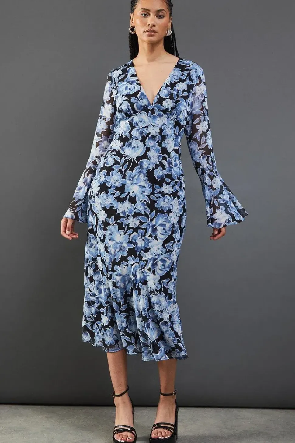 Floral Chiffon V Neck Flute Sleeve Midi Dress