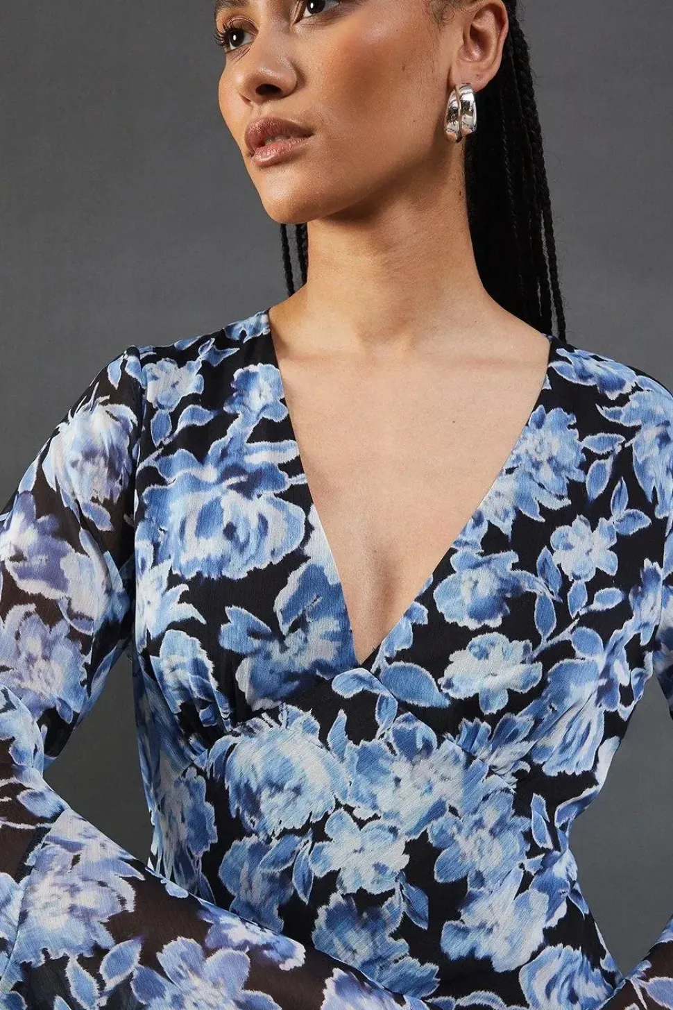 Floral Chiffon V Neck Flute Sleeve Midi Dress
