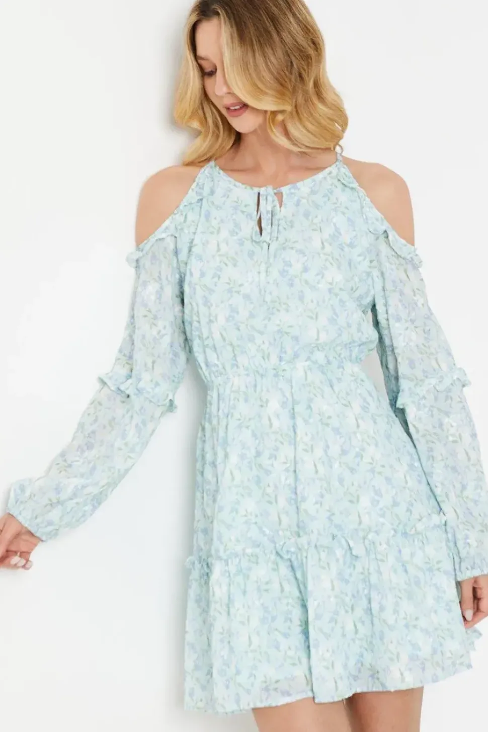 Floral Cold Shoulder Ruffle Detail Mini Dress