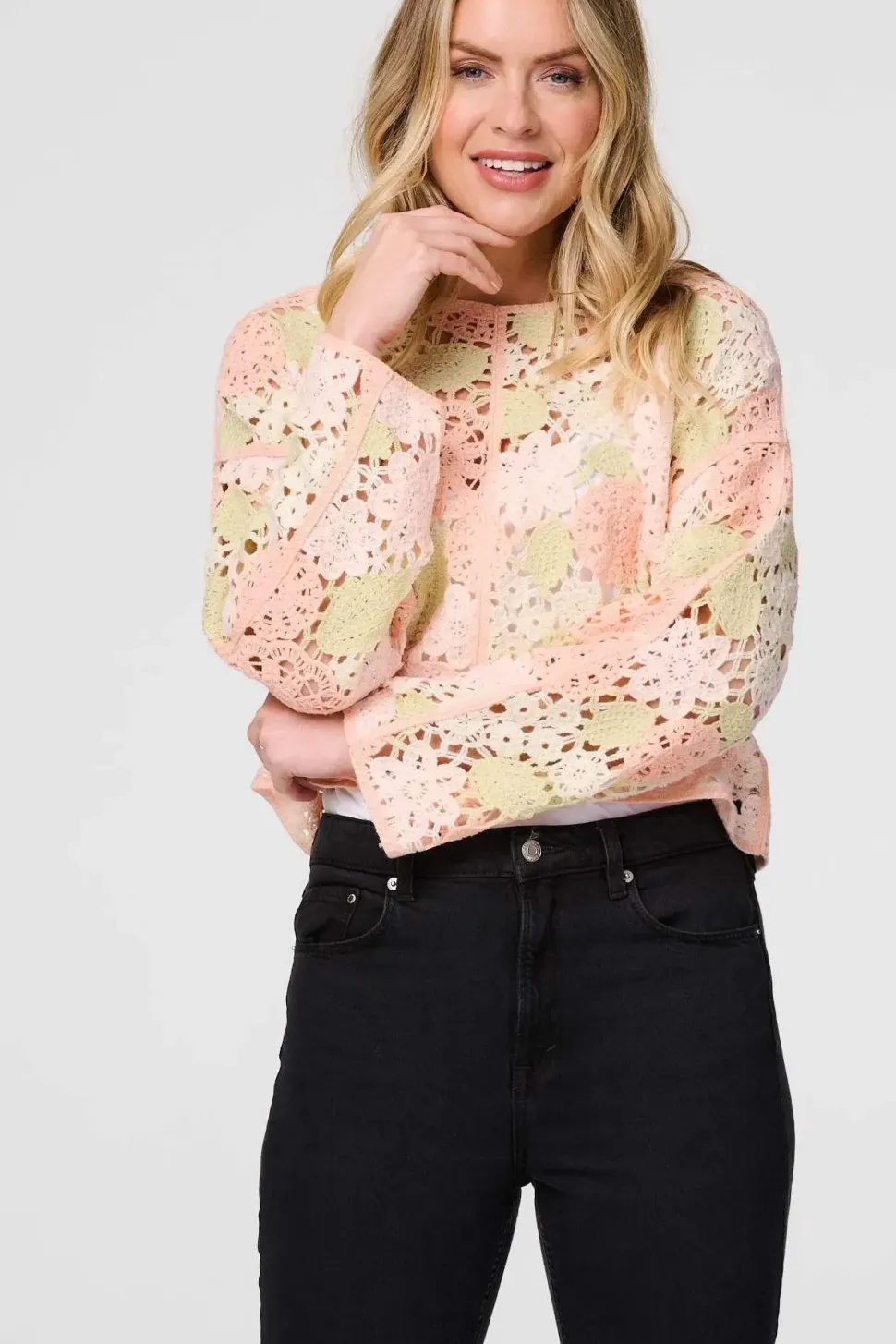 Floral Crochet Cropped Long Sleeve Top