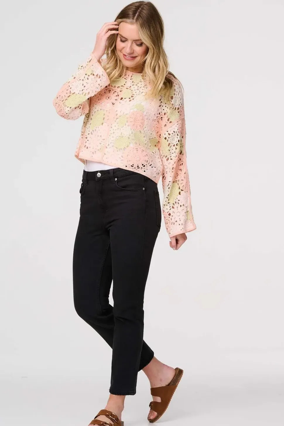Floral Crochet Cropped Long Sleeve Top