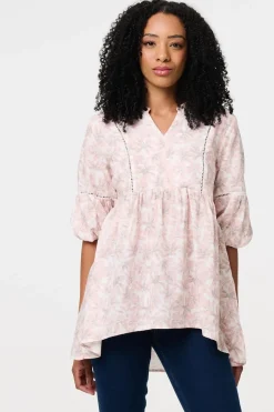 Floral Curve Hem 3/4 Puff Sleeve Blouse