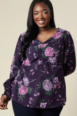 Floral Curve Ruched Front Top