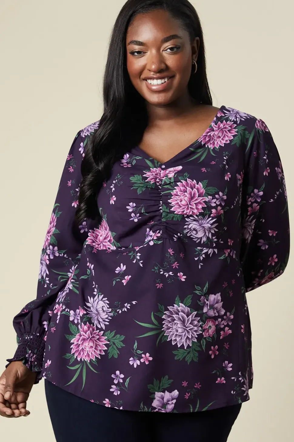 Floral Curve Ruched Front Top