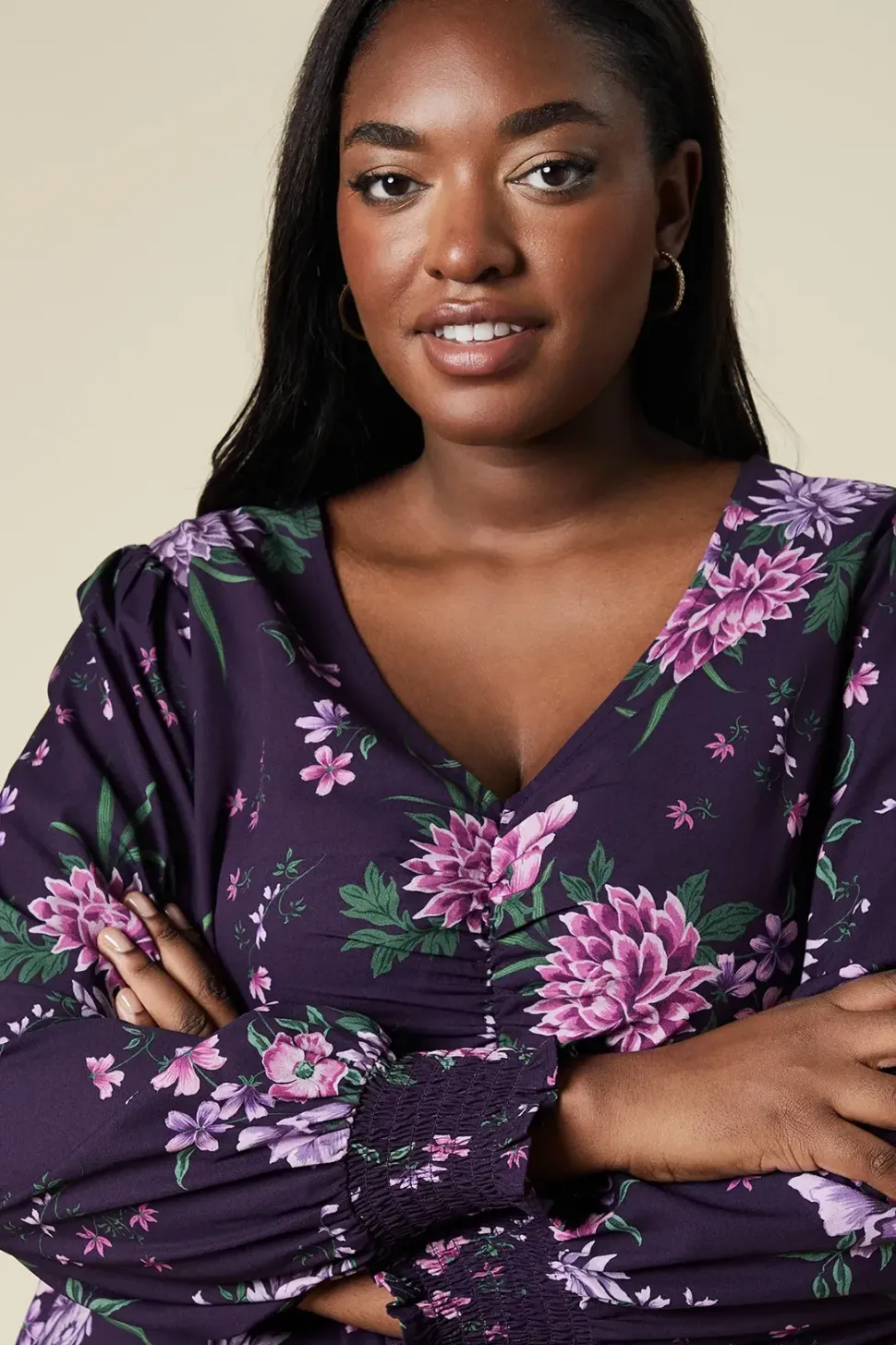 Floral Curve Ruched Front Top