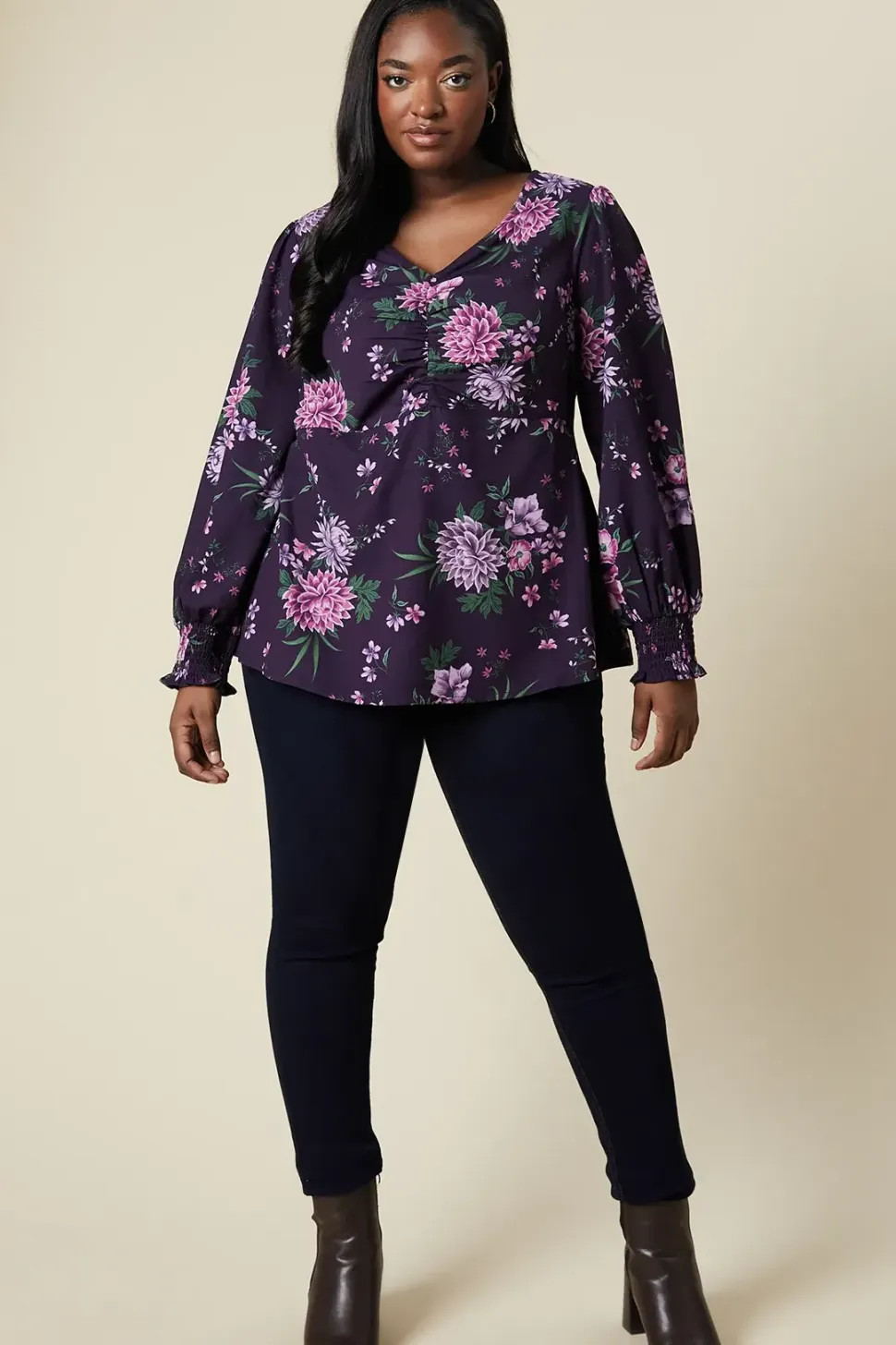 Floral Curve Ruched Front Top
