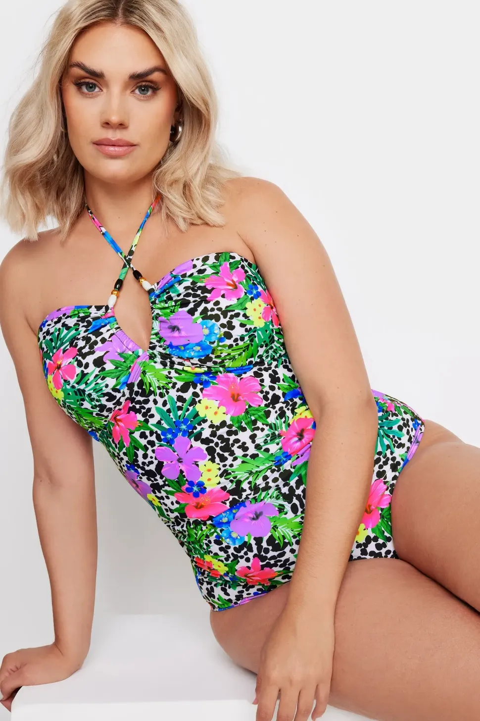 Floral Dalmatian Print Halter Neck Swimsuit
