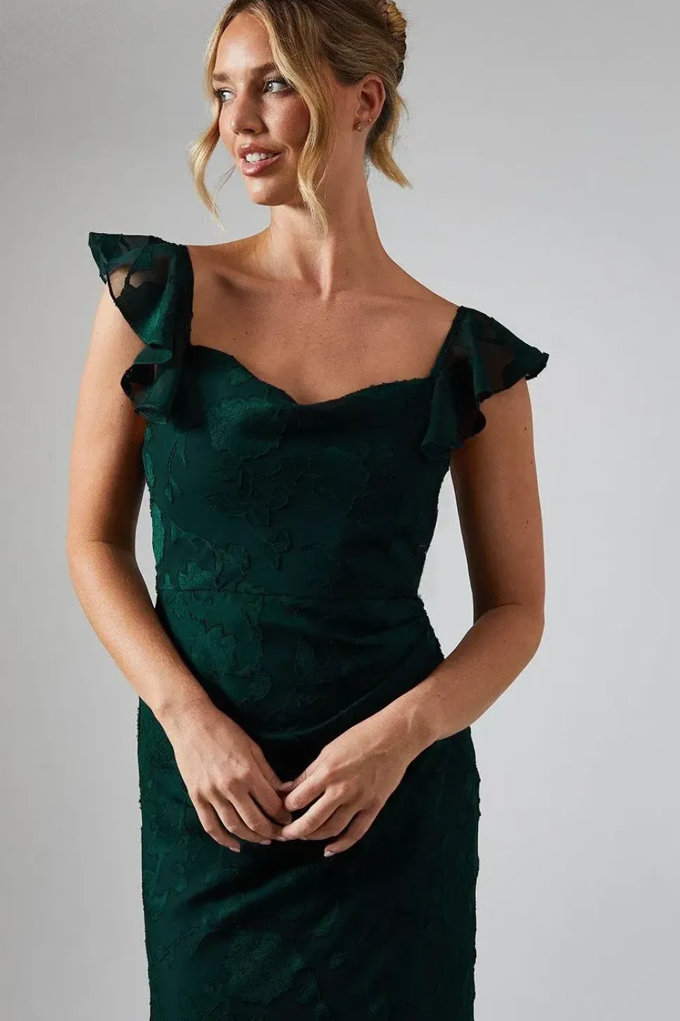 Floral Detail Fabric Ruche Front Bridesmaids Dress