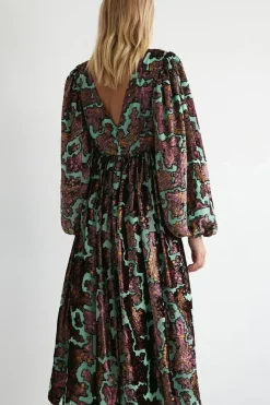 Floral Devore Plunge Neck Midi Dress
