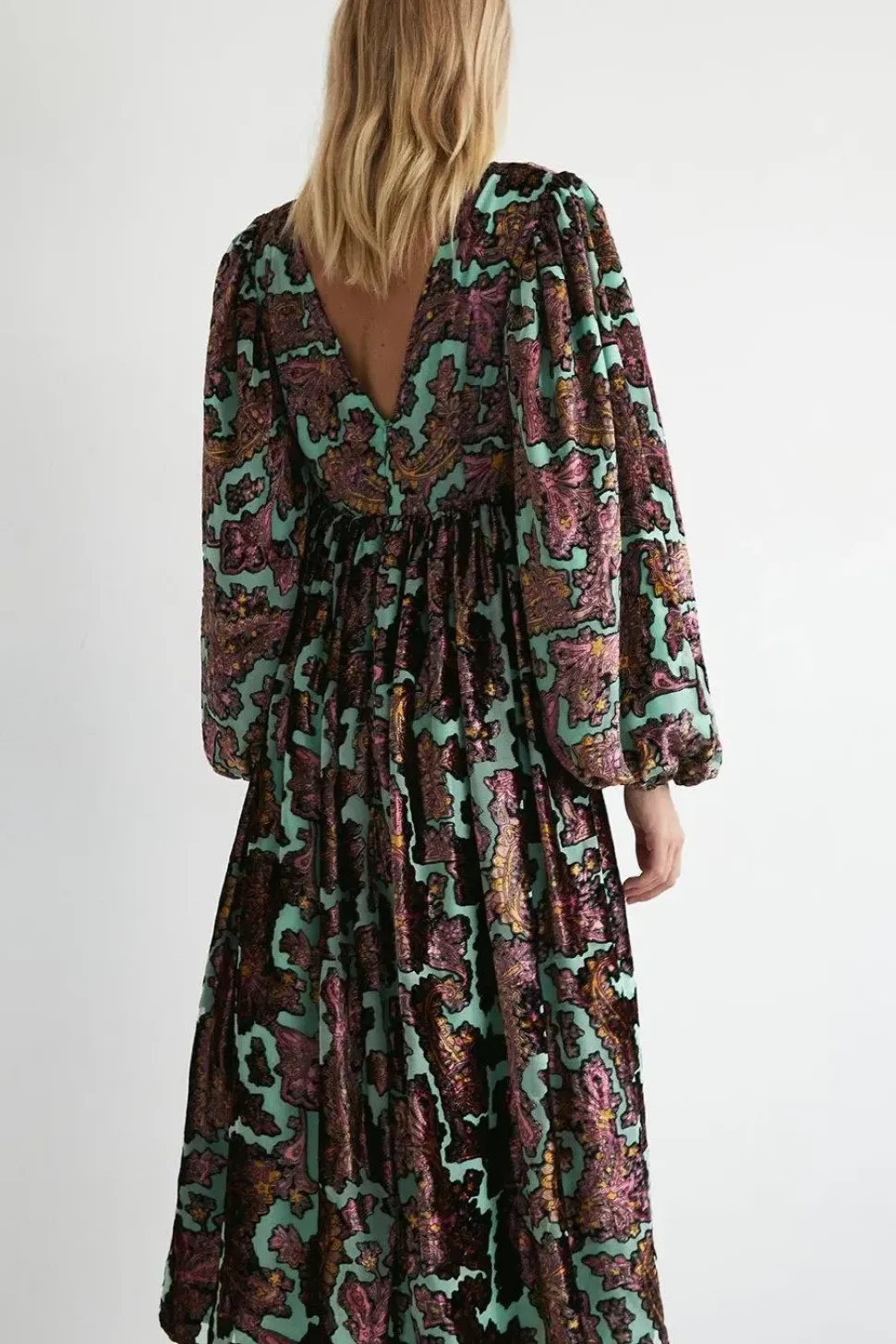Floral Devore Plunge Neck Midi Dress